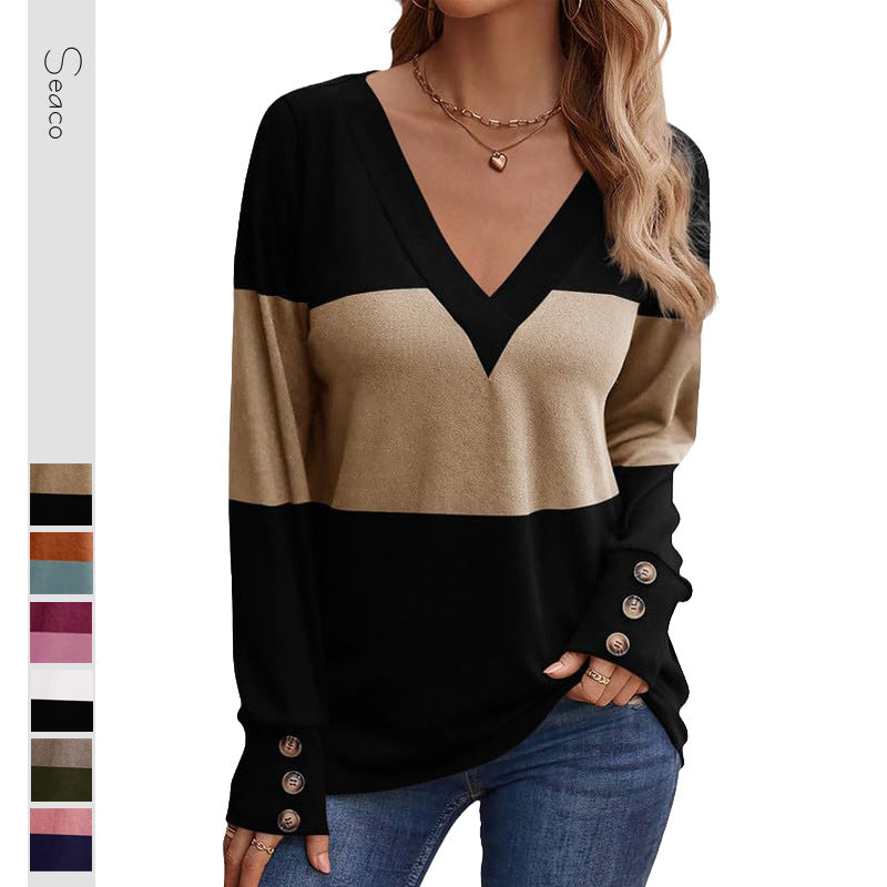 Damen Colorblock V‑Neck Feinstrickpullover mit dekorativen Manschettenknöpfen – Avérine