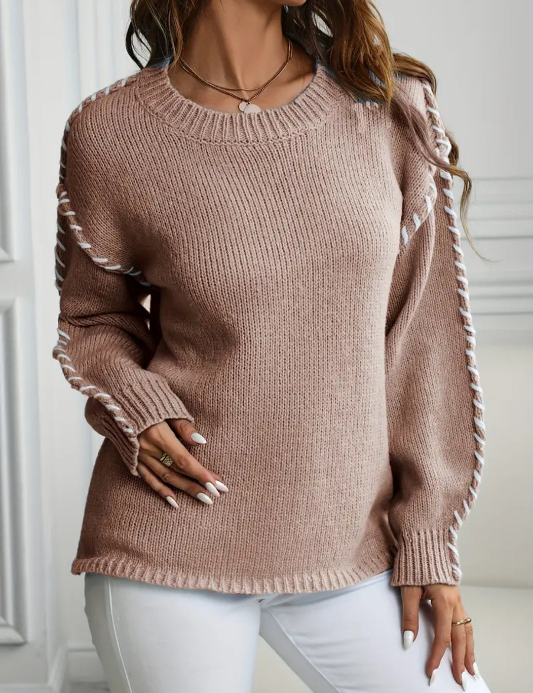 Damen Oversize Strickpullover mit dekorativem Kordel‑Zopf an Ärmeln – Mavelle