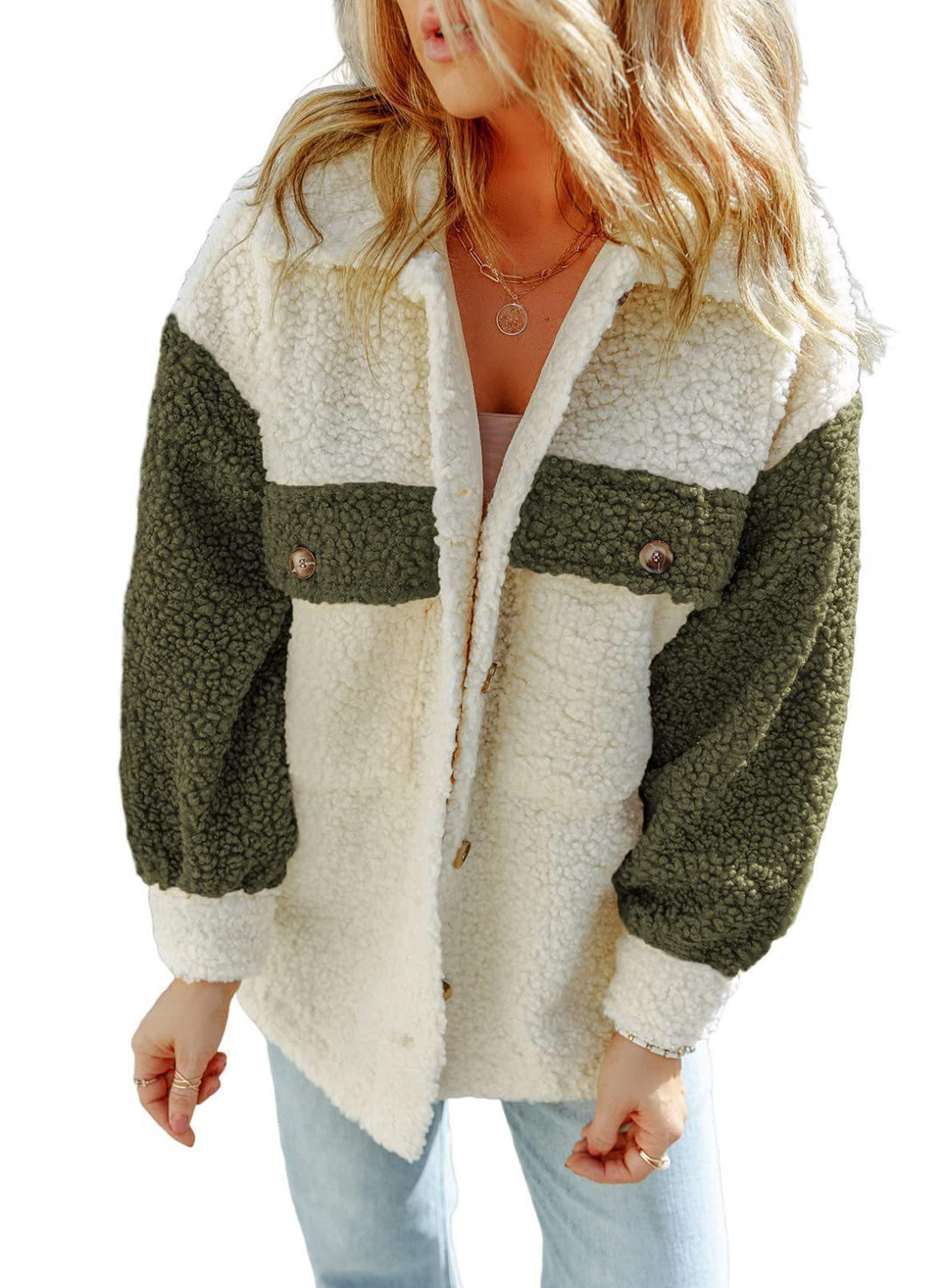 Damen nan oversized Teddy-Hemdjacke mit Kontraststreifen, aufgesetzten Brusttaschen und sichtbarer Knopfleiste Echo Archiv