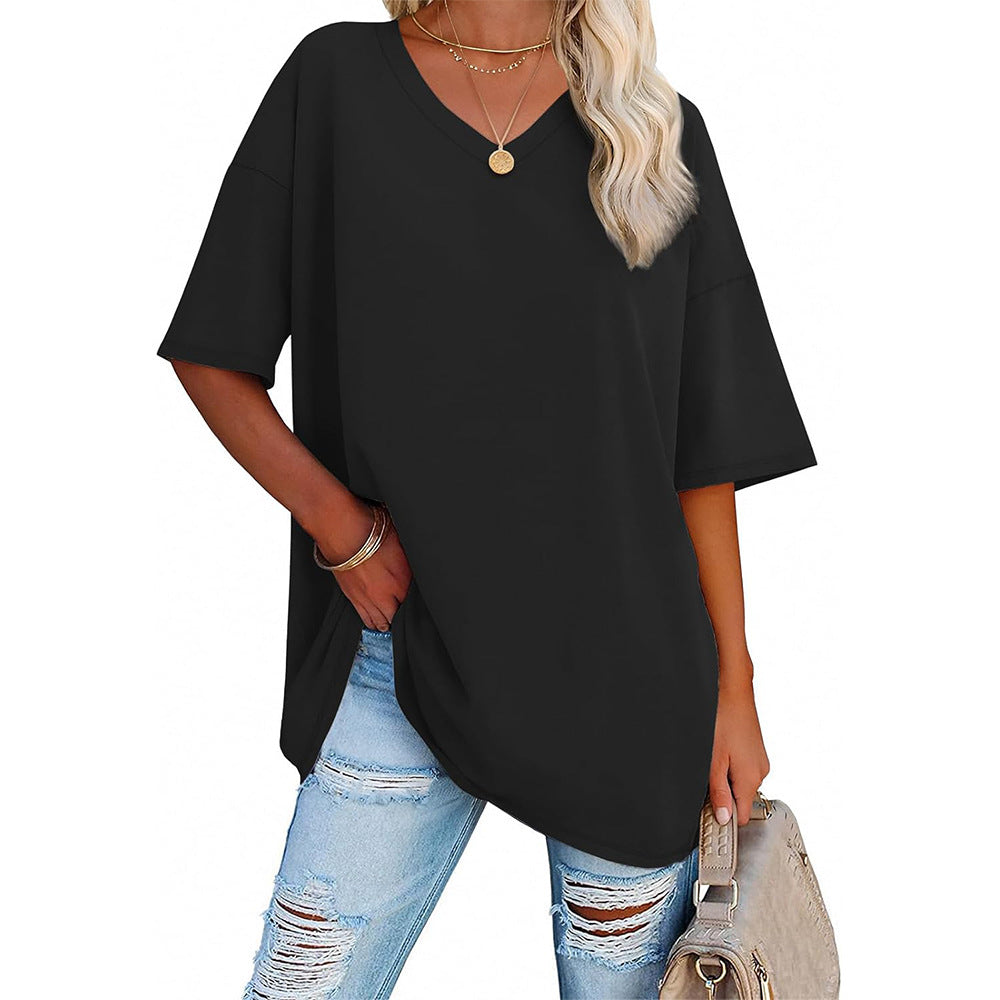 Damen Oversized T-Shirt mit V-Ausschnitt und seitlichen Schlitzen Echoarchiv