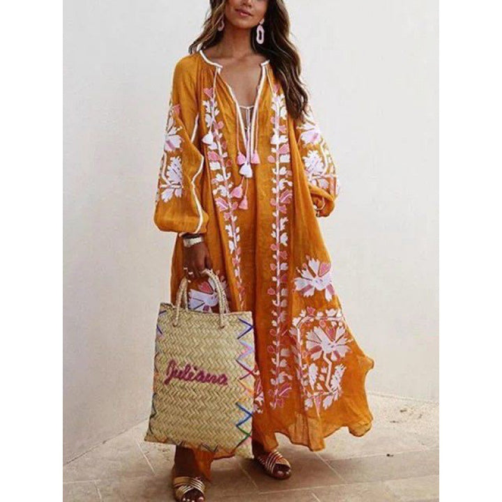 Damen Besticktes Boho-Maxikleid mit Ballonärmeln und Quastenverschluss – Valéora