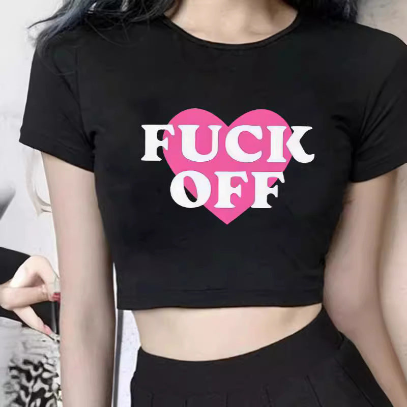 Damen figurbetontes Kurzarm-T-Shirt mit verspieltem Aufdruck Echo Archiv