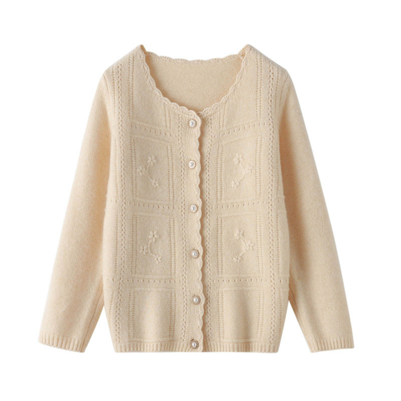 Damen Verzierter Strickcardigan mit Perlenknöpfen und Ajour‑Stickerei Echoarchiv
