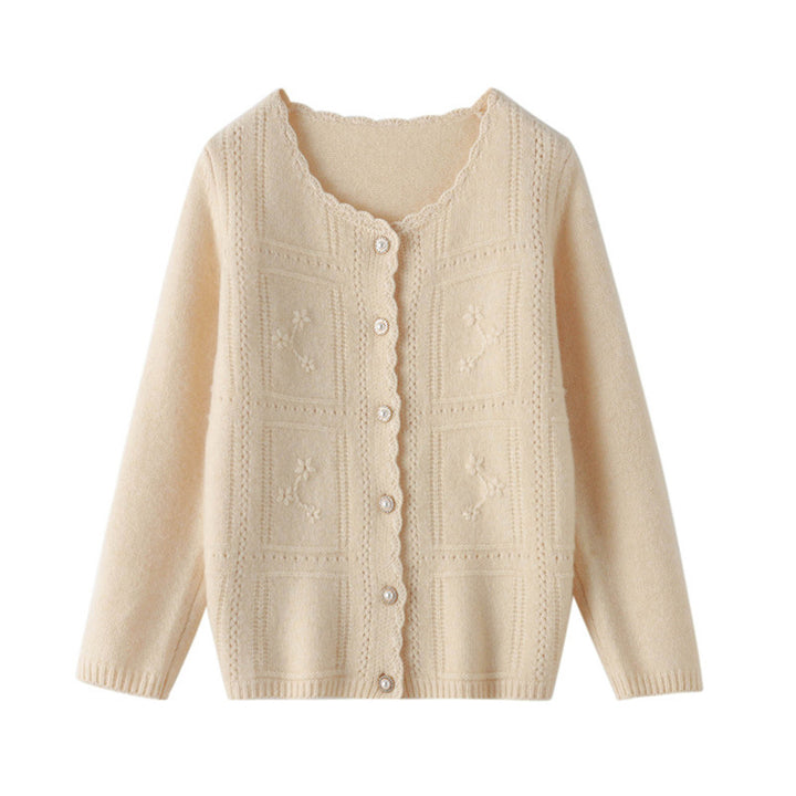 Damen Verzierter Strickcardigan mit Perlenknöpfen und Ajour‑Stickerei Echoarchiv