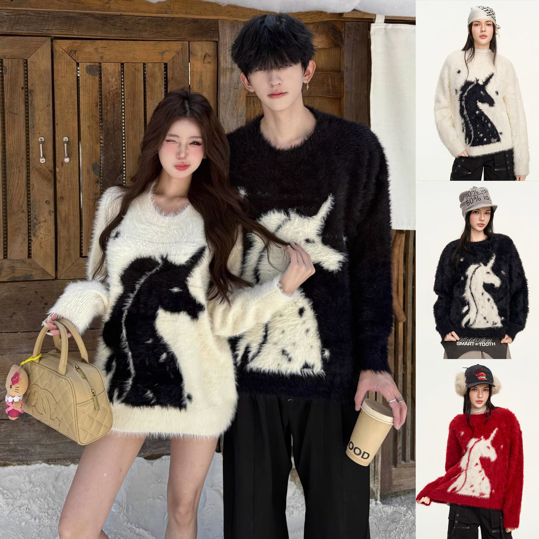 Damen Gemütlicher Grobstrickpullover mit Einhornmotiv Echoarchiv