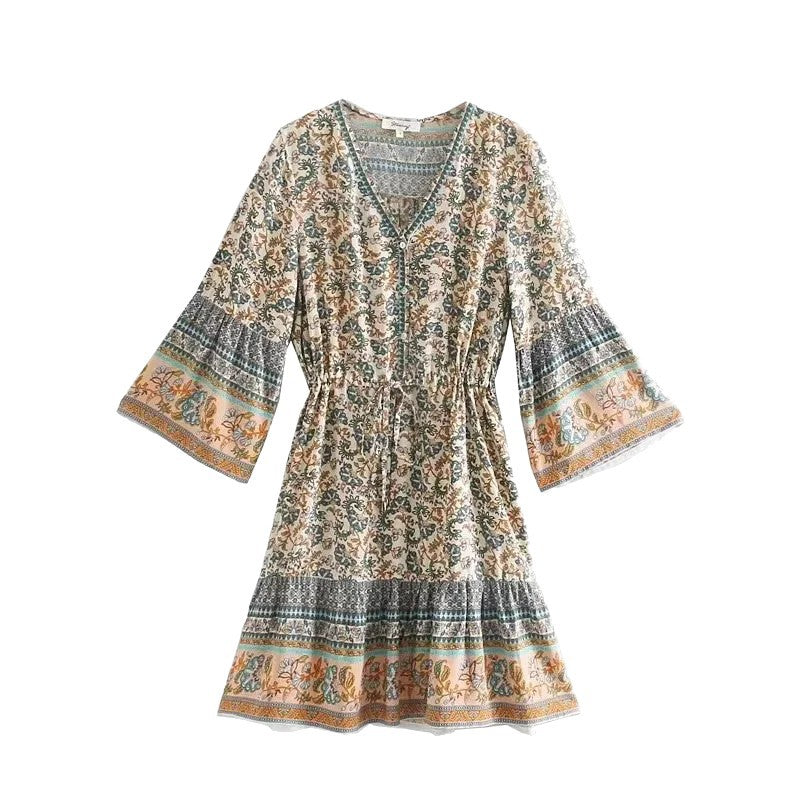 Damen Boho‑Minikleid mit V‑Ausschnitt, Tunnelzug‑Taillierung und Glockenärmeln Echoarchiv