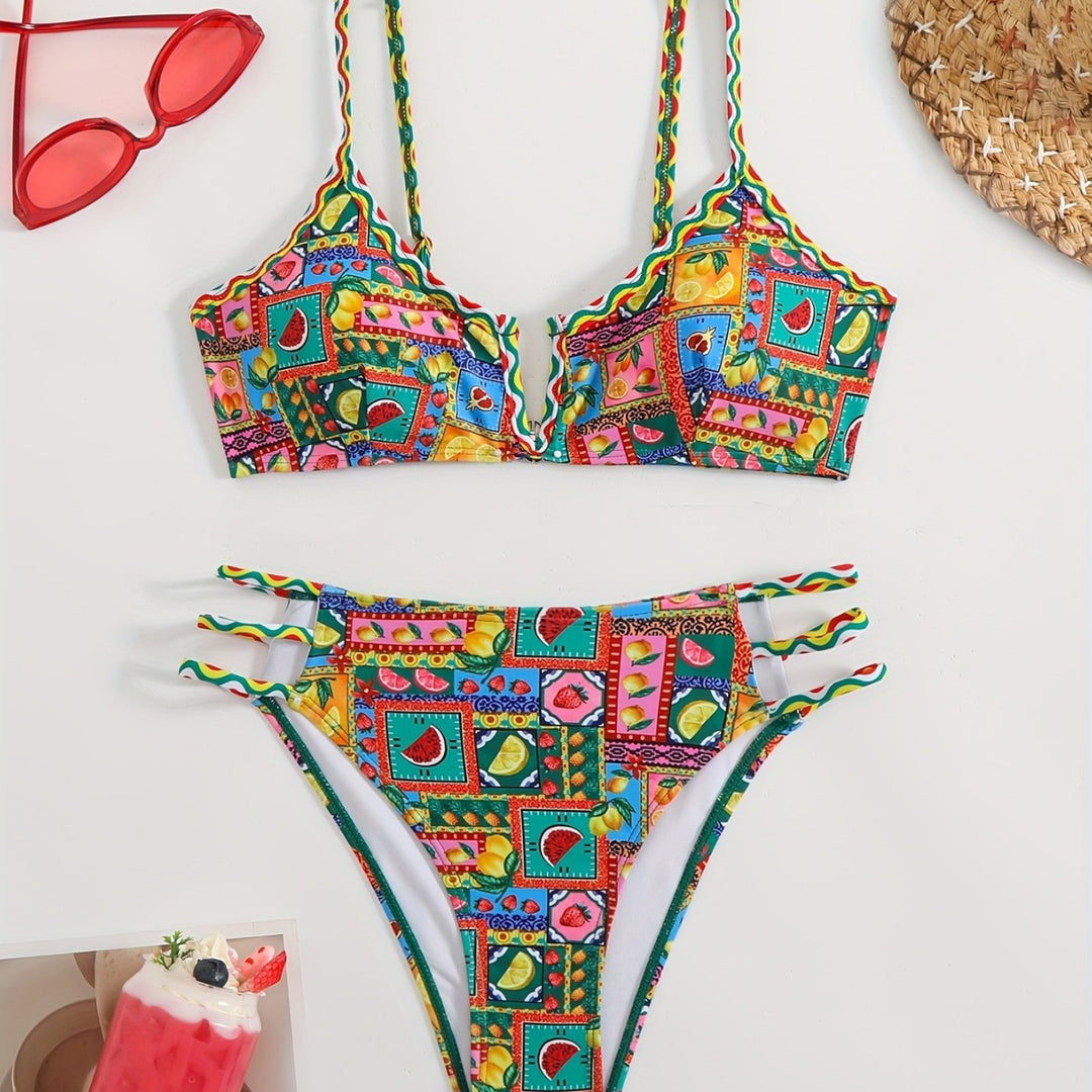 Damen Bikini-Set mit buntem Fruchtmuster und raffinierten Trägerdetails Echo Archiv