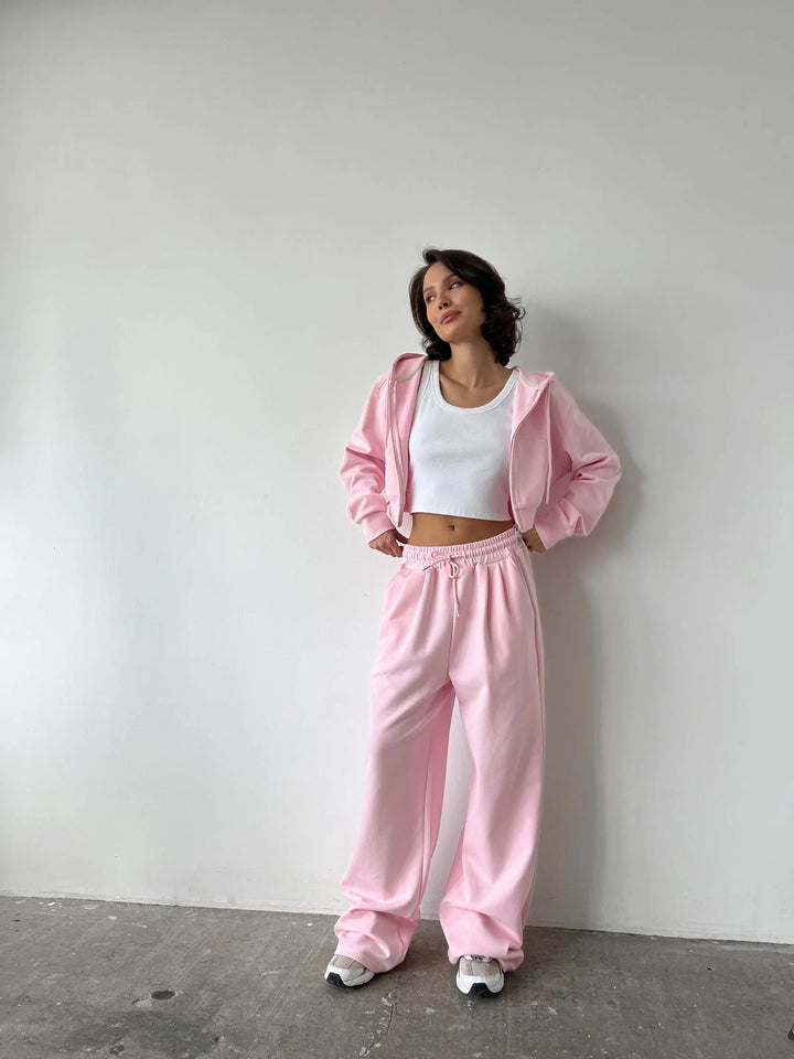 Damen Kurzes Zip-Kapuzen-Set mit taillenhoher weiter Loungehose – Auréline