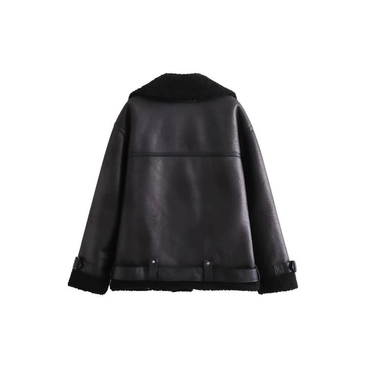 Damen Fliegerjacke im Bikerstil mit Teddyfutter, Kunstlederbesatz und Taillengürtel Echo Archiv