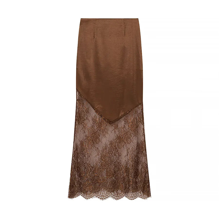 Damen nan Maxirock mit transparentem Spitzenunterteil und asymmetrischem Satin-Overlayer Echo Archiv