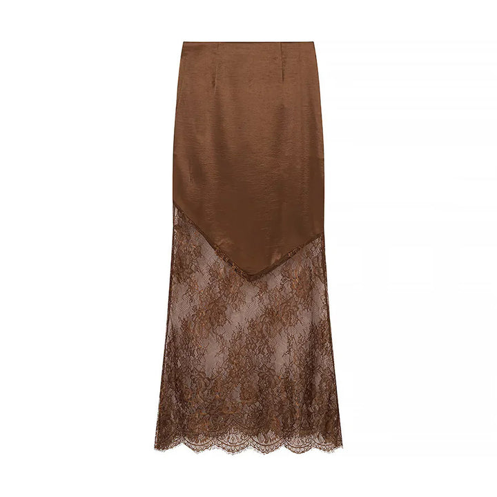 Damen nan Maxirock mit transparentem Spitzenunterteil und asymmetrischem Satin-Overlayer Echo Archiv