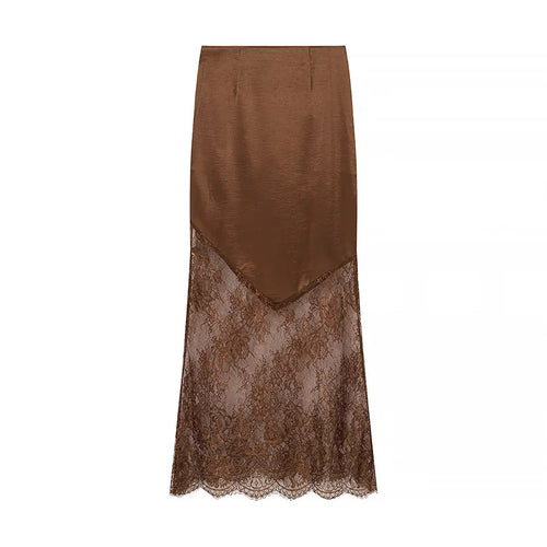 Damen nan Maxirock mit transparentem Spitzenunterteil und asymmetrischem Satin-Overlayer Echo Archiv