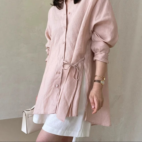 Damen Locker geschnittene Leinen‑Hemdbluse mit Stehkragen, Tunnelzug‑Taille und durchgehender Knopfleiste – Élovi