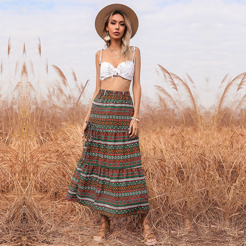 Damen Maxi-Stufenrock mit elastischem Taillenbund, seitlichen Knotendetails und Ethno-Print Echoarchiv