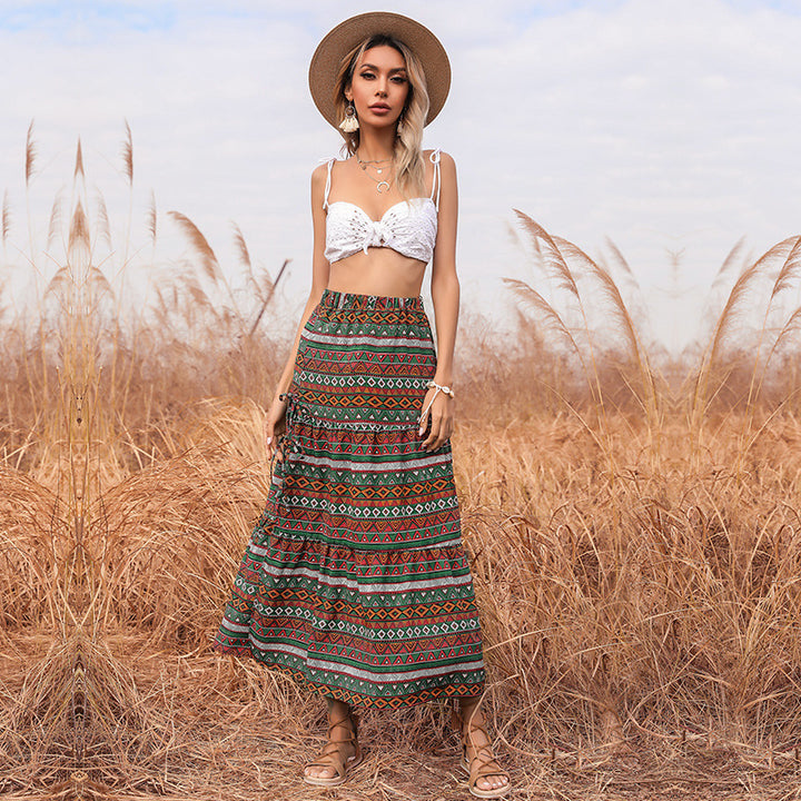 Damen Maxi-Stufenrock mit elastischem Taillenbund, seitlichen Knotendetails und Ethno-Print Echoarchiv
