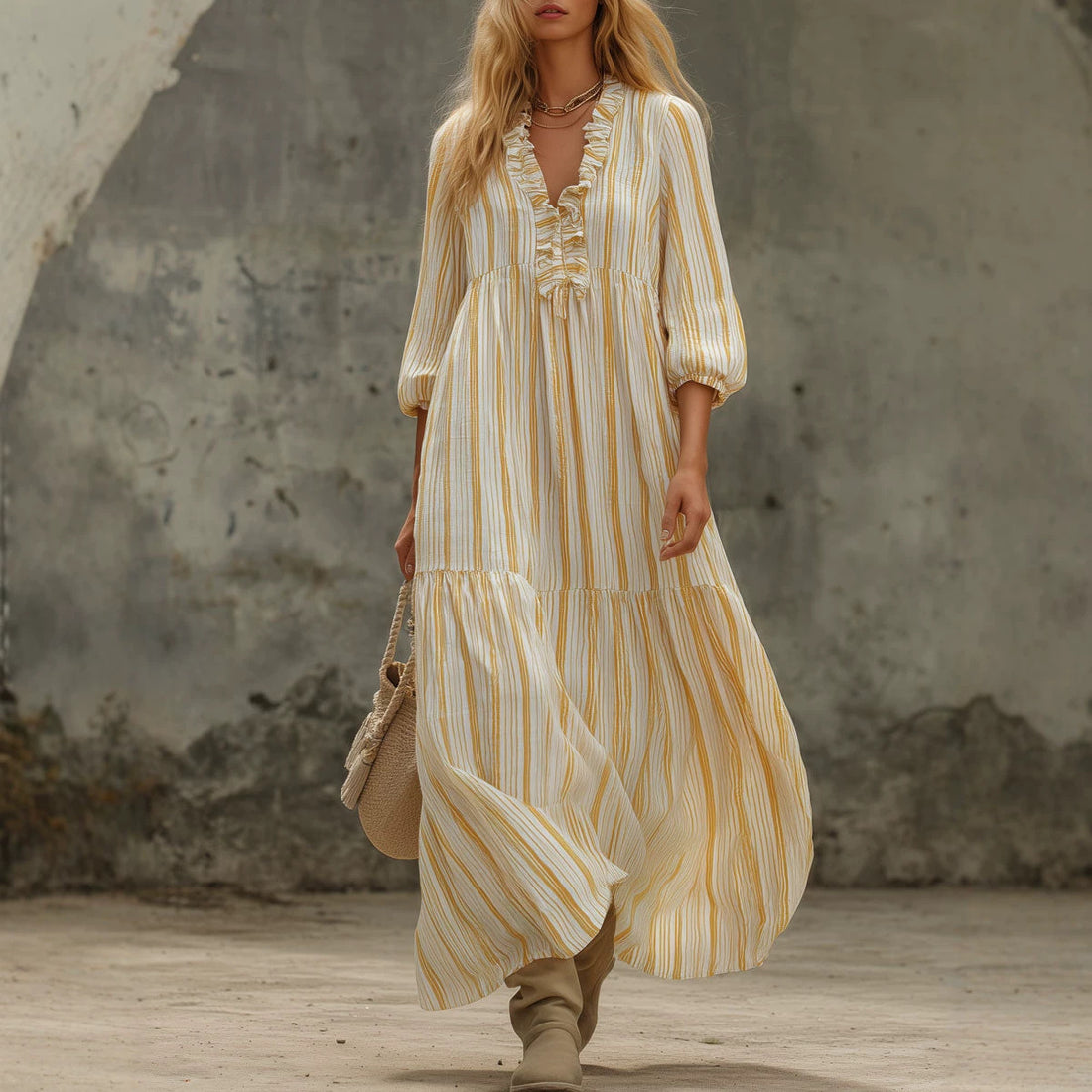 Damen Maxikleid mit Rüschen-V-Ausschnitt und Ballonärmeln Echoarchiv