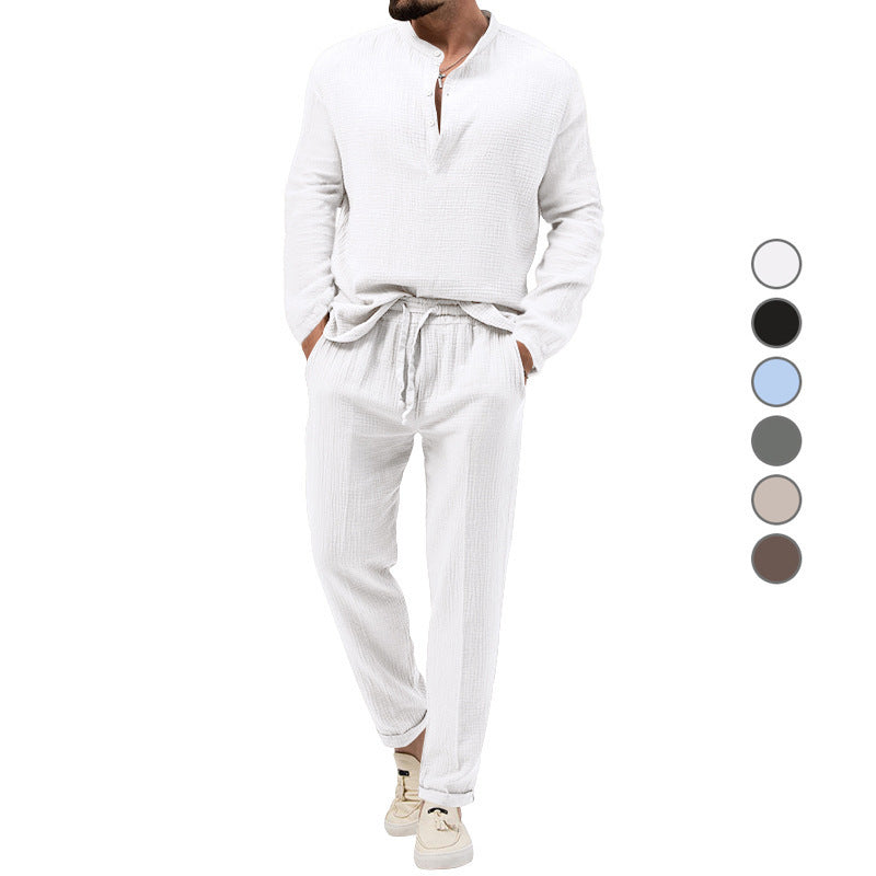 Herren Lässiges Zweiteiliges Lounge-Set aus Baumwoll-Gauze mit Henley-Oberteil und Tunnelzug-Hose Echoarchiv