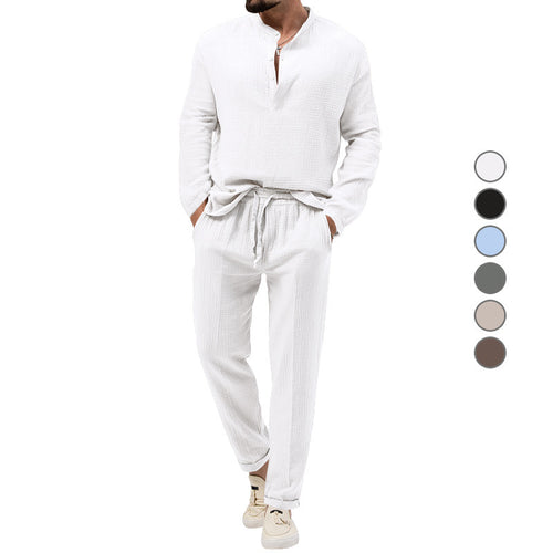 Herren Lässiges Zweiteiliges Lounge-Set aus Baumwoll-Gauze mit Henley-Oberteil und Tunnelzug-Hose Echoarchiv