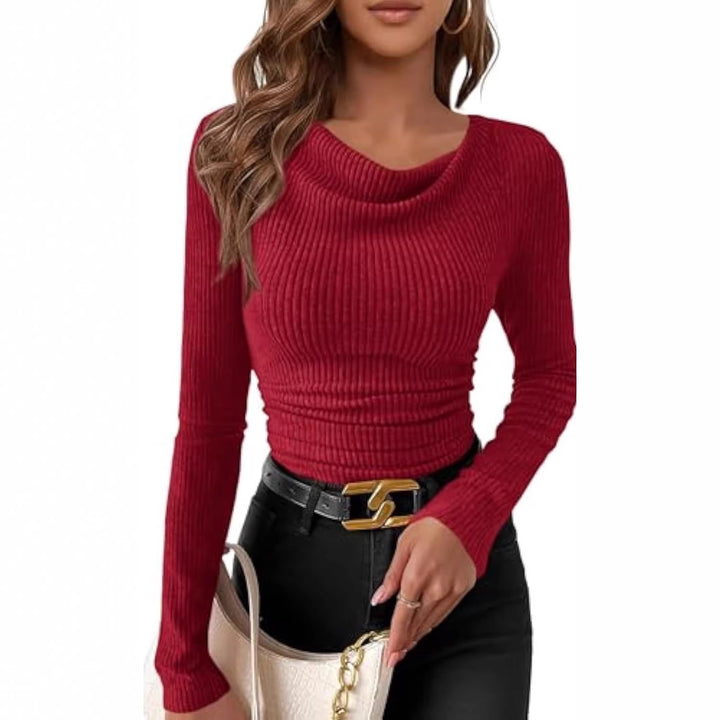 Damen Figurbetontes Feinripp-Longsleeve mit asymmetrischem Wasserfallkragen – Avérine