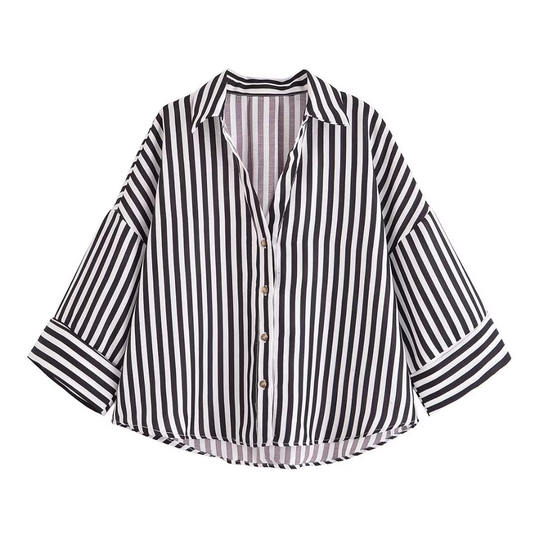 Damen nan lockere oversized Hemdbluse mit weitem Kragen und Dreiviertelärmeln Echo Archiv