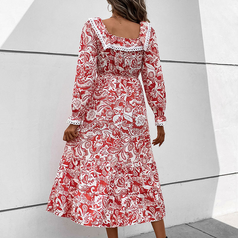 Damen Midikleid im Paisley-Print mit Spitzenvolant, quadratischem Ausschnitt und elastischer Taillennaht Echoarchiv