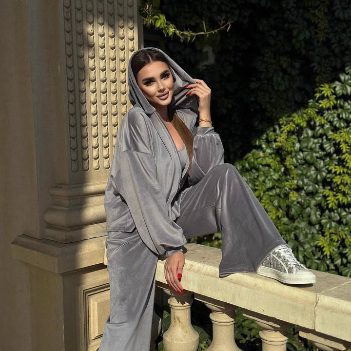 Damen Cropped Samt-Hoodie mit weitem Arm und High-Waist Jogginghose im Lounge-Set – Auréline