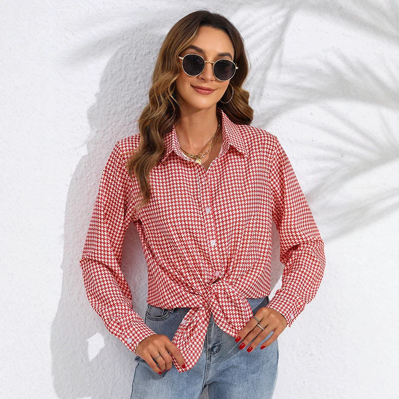 Damen nan geknotete Hahnentritt-Bluse mit Hemdkragen und durchgehender Knopfleiste Echo Archiv