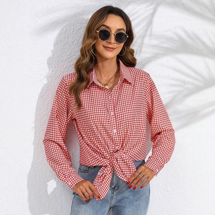 Damen nan geknotete Hahnentritt-Bluse mit Hemdkragen und durchgehender Knopfleiste Echo Archiv