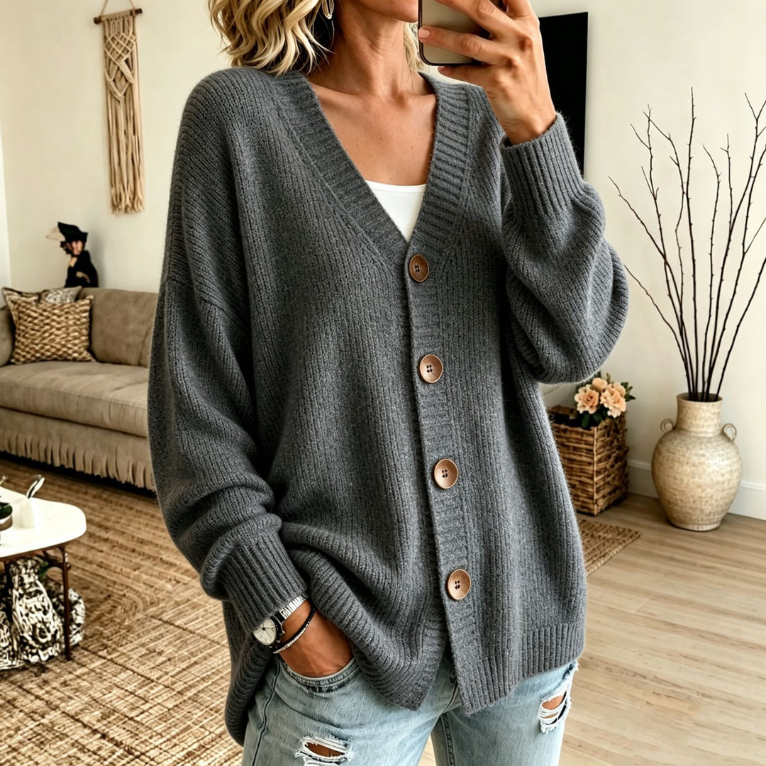 Damen Lockerer Longline-Cardigan mit tiefem V-Ausschnitt und Holzknöpfen – Veloura