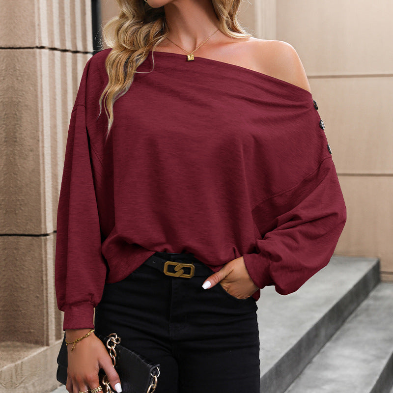 Damen Oversize Off-Shoulder Sweatshirt mit Zierknopfleiste und Ballonärmeln Echoarchiv