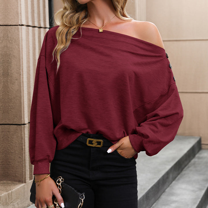 Damen Oversize Off-Shoulder Sweatshirt mit Zierknopfleiste und Ballonärmeln Echoarchiv
