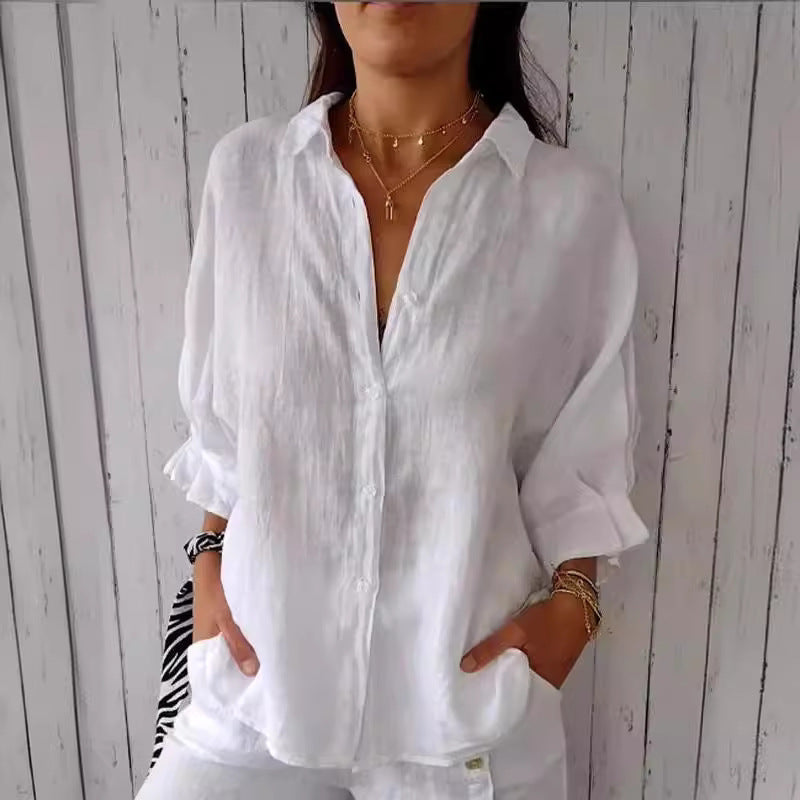 Damen Leichte und luftige Bluse aus reinem Leinen mit Knopfleiste und breiten Ärmeln Echoarchiv