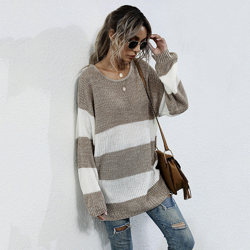 Damen Langer Oversize-Strickpullover mit breiten Blockstreifen und überschnittener Schulter Echoarchiv