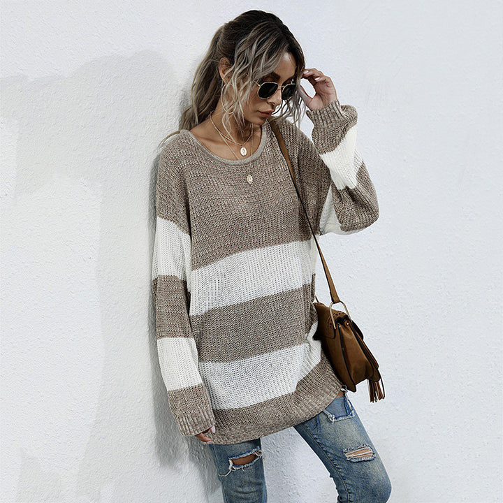 Damen Langer Oversize-Strickpullover mit breiten Blockstreifen und überschnittener Schulter Echoarchiv
