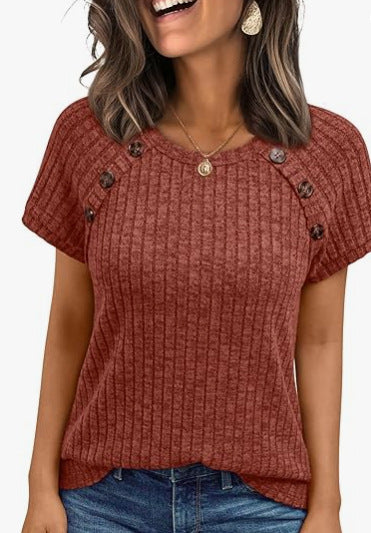 Damen lässiges Rippenstrick-T-Shirt mit Knöpfen Echo Archiv