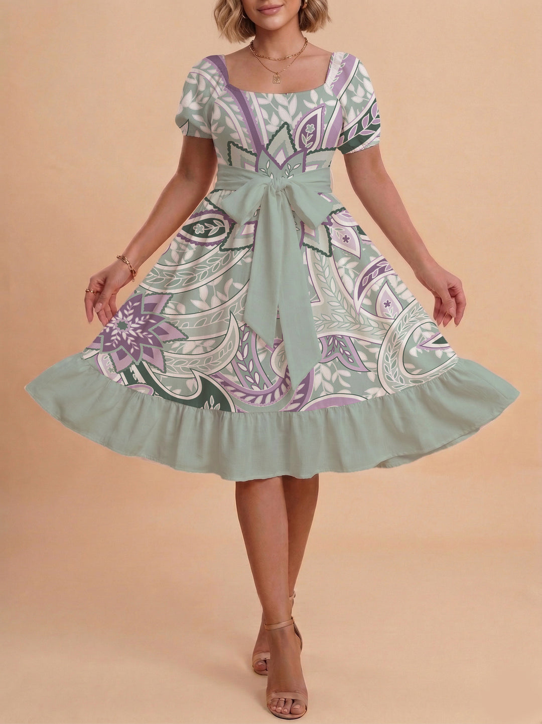 Damen modernes Blumenkleid mit elegantem Taillengürtel und asymmetrischem Saum Echo Archiv