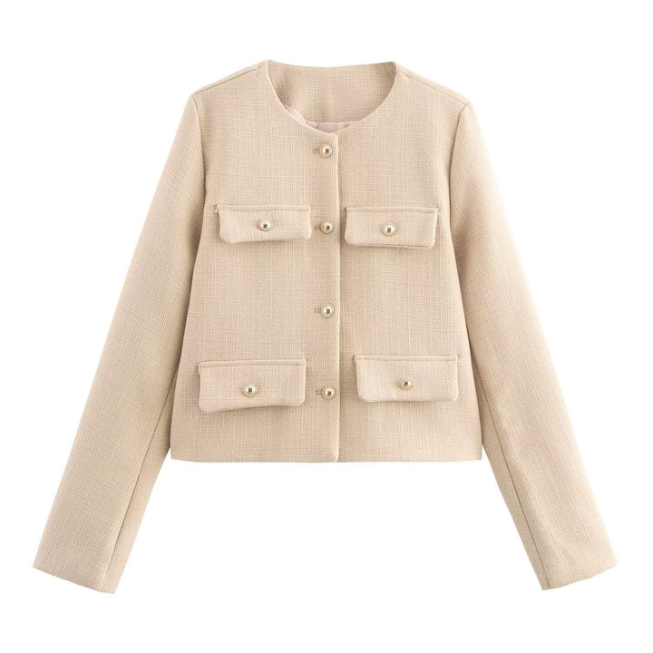 Damen Kurze Bouclé-Blazerjacke mit Rundhalsausschnitt, Zierleistentaschen und goldfarbenen Knöpfen Echo Archiv