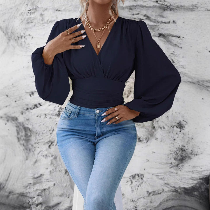 Damen Wickel-Cropped-Top mit geraffter Taillenpartie und weiten Ballonärmeln Echo Archiv