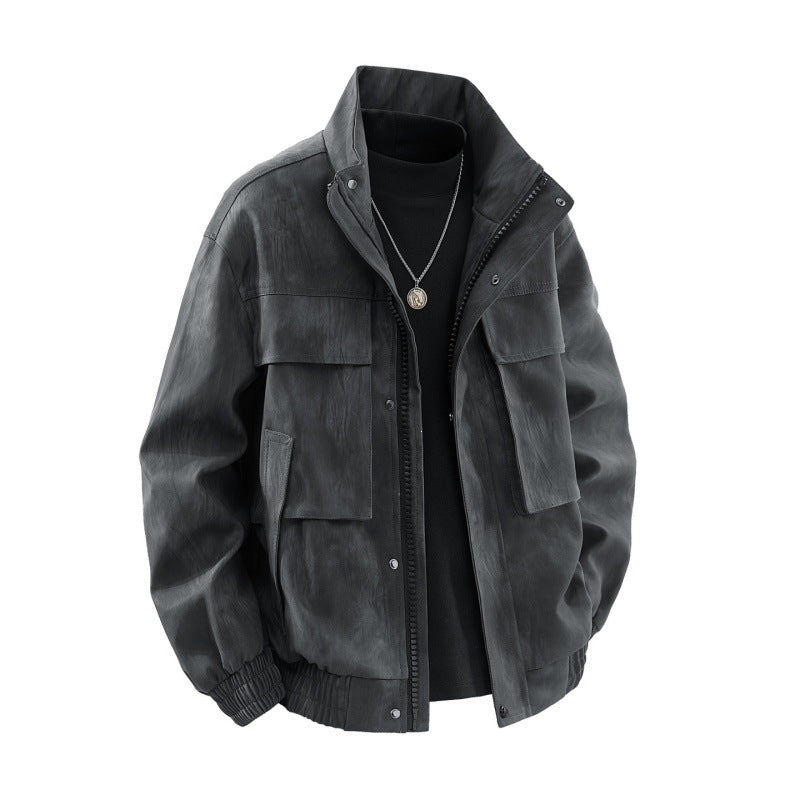 Herren Utility-Harringtonjacke in Lederoptik mit Mehrfachtaschen und elastischem Saum Echoarchiv