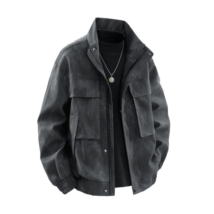 Herren Utility-Harringtonjacke in Lederoptik mit Mehrfachtaschen und elastischem Saum Echoarchiv