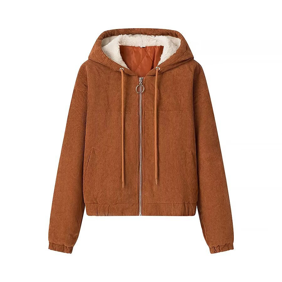 Damen Kurz geschnittene Cordjacke mit Kapuze, Teddyfutter und durchgehendem Reißverschluss Echo Archiv