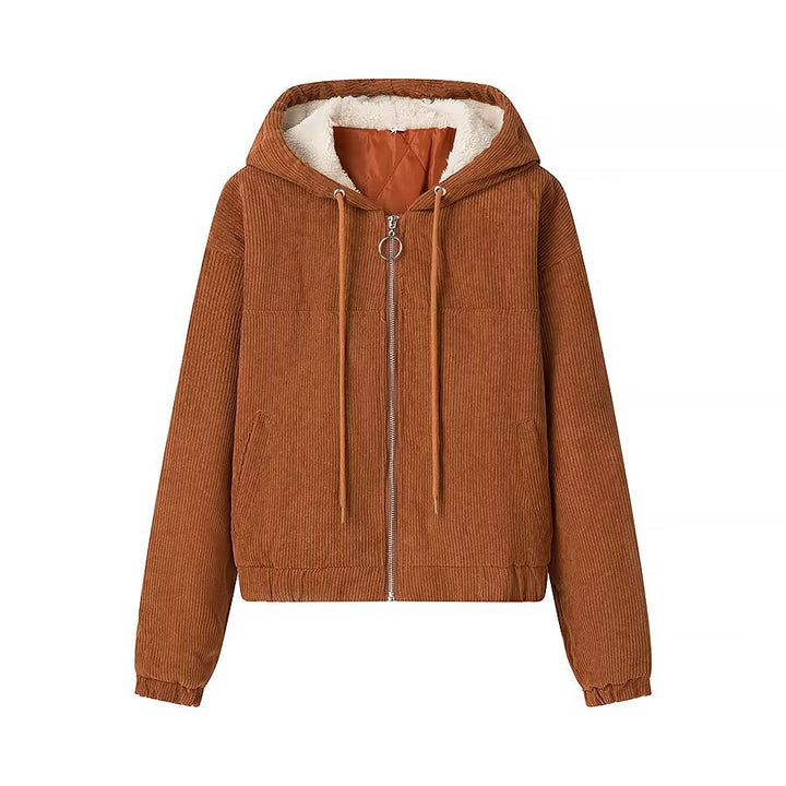 Damen Kurz geschnittene Cordjacke mit Kapuze, Teddyfutter und durchgehendem Reißverschluss Echo Archiv