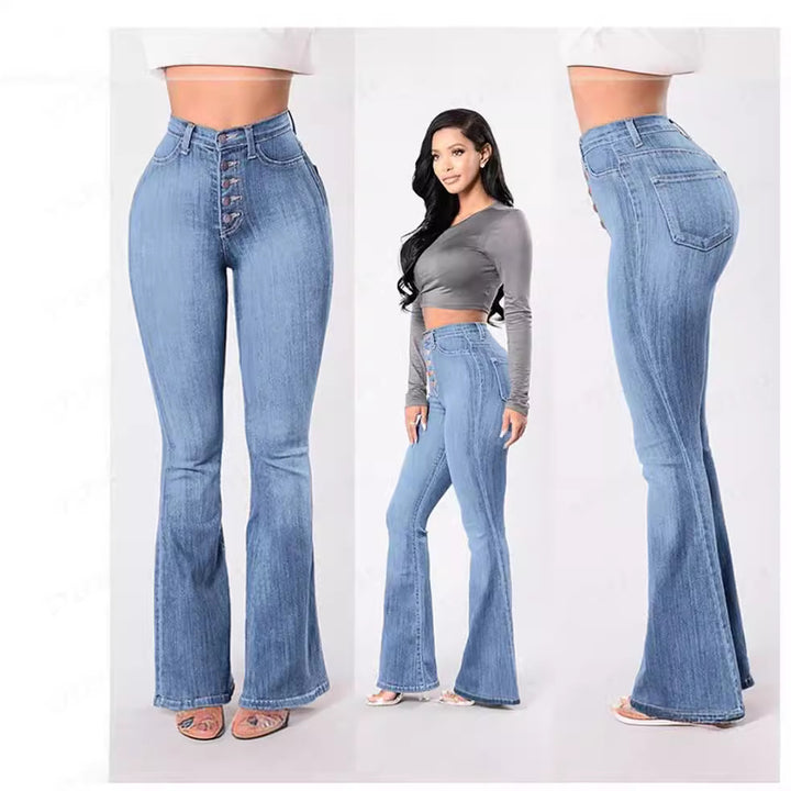 Damen nan hochgeschnittene Bootcut-Jeans mit sichtbarer Knopfleiste, figurformendem Stretch und schlankem Oberschenkel Echo Archiv
