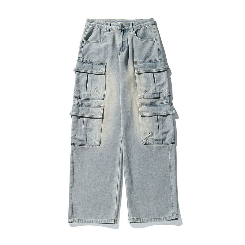 Unisex weite Cargo-Jeanshose mit hoher Taille, mehreren Klappentaschen und geradem Bein Echo Archiv