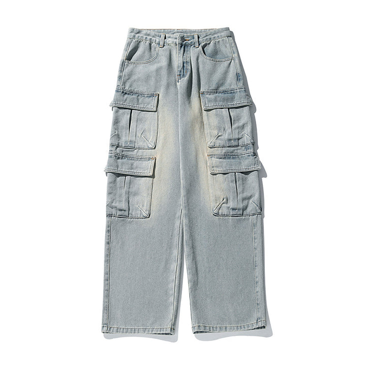 Unisex weite Cargo-Jeanshose mit hoher Taille, mehreren Klappentaschen und geradem Bein Echo Archiv