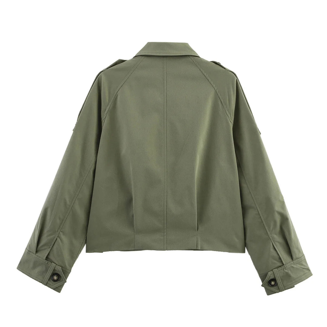 Damen kurze Utility-Blousonjacke mit aufgesetzten Klappentaschen und Epauletten – Célinea