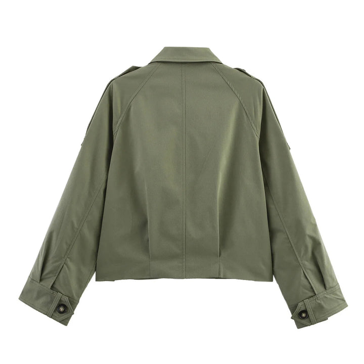 Damen kurze Utility-Blousonjacke mit aufgesetzten Klappentaschen und Epauletten – Célinea