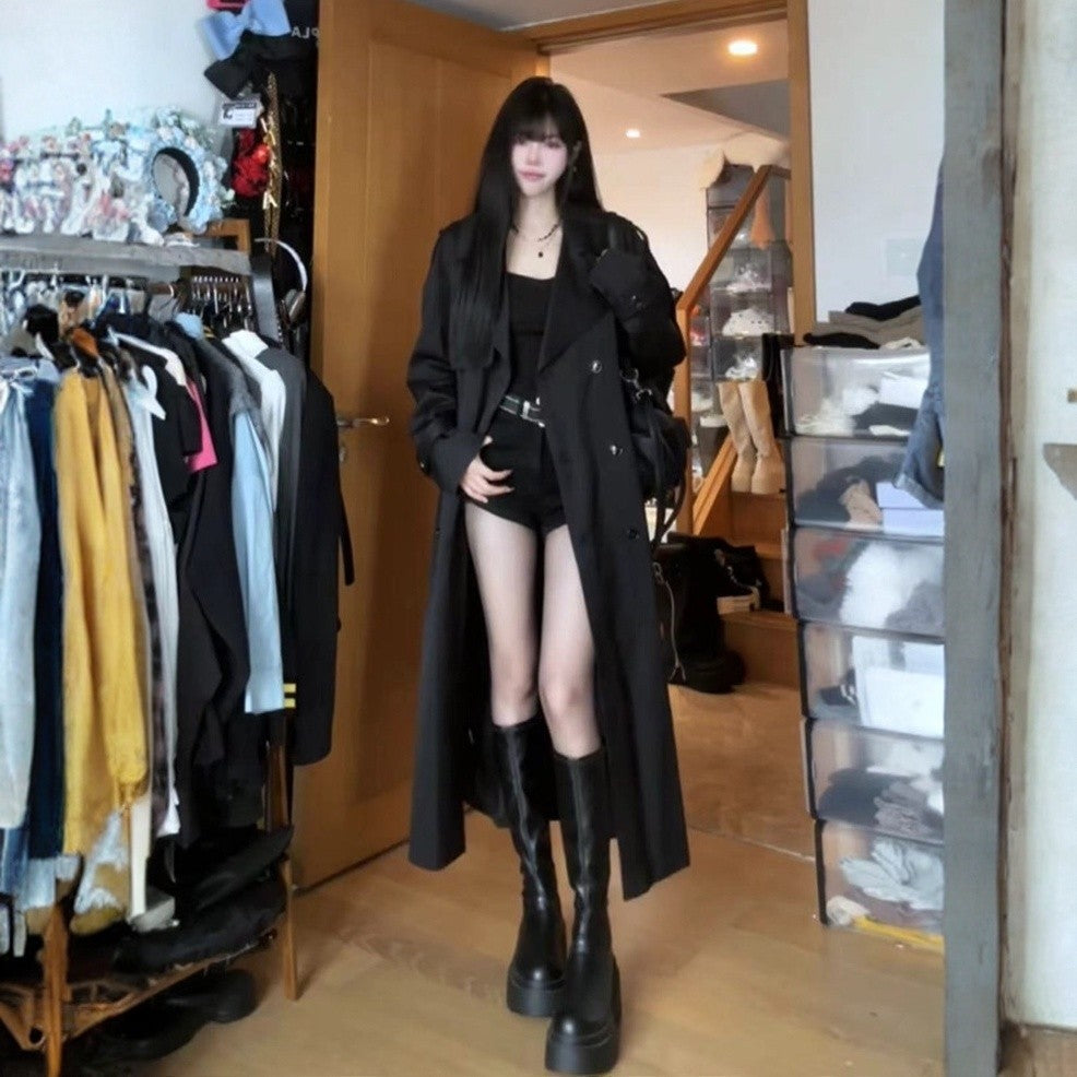 Damen Langer Doppelreihiger Trenchcoat mit Schalkragen, Oversize-Schnitt und verdecktem Taillenband Echoarchiv