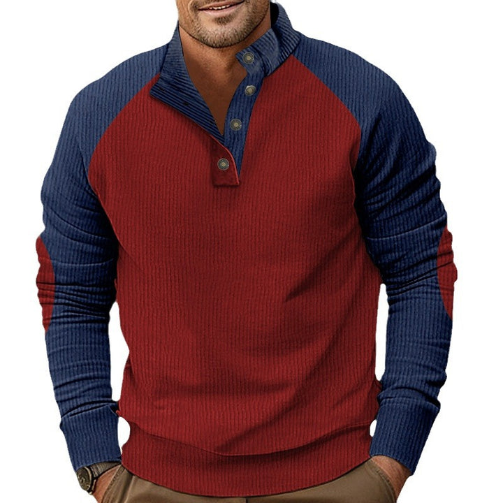 Herren nan rustikaler Raglan-Strickpullover mit Kurzknopfleiste und Veloursbesatz Echo Archiv