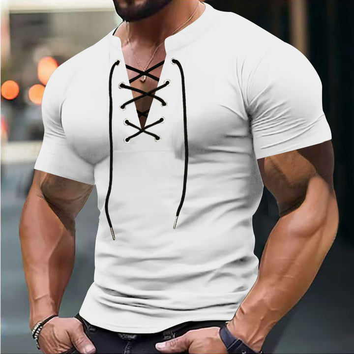 Herren Kurzarm-Henley-Shirt mit modischem Schnürdesign und körperbetonter Passform Echoarchiv